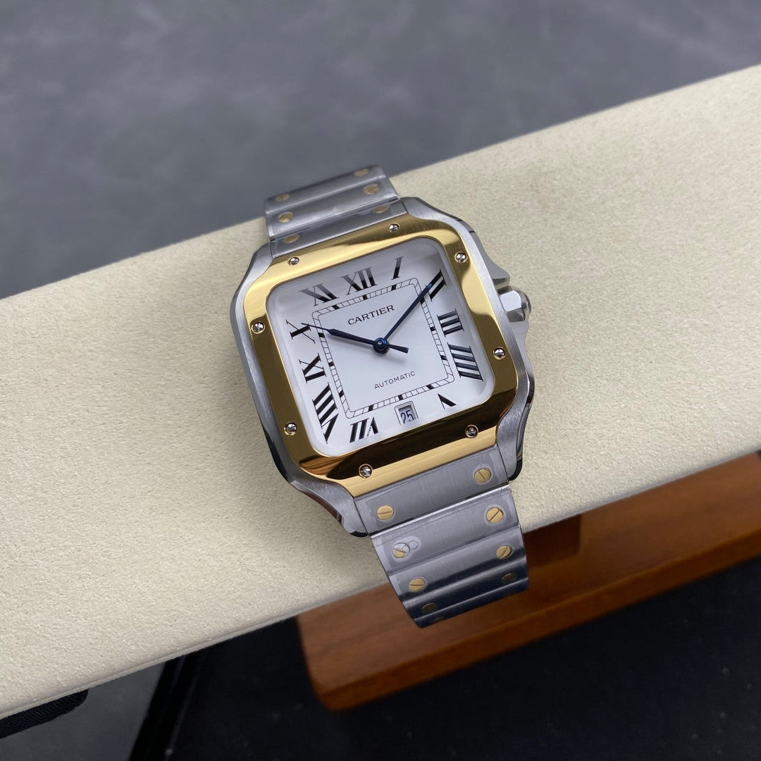 Cartier Santos Two Tone White Dial Steel Belt